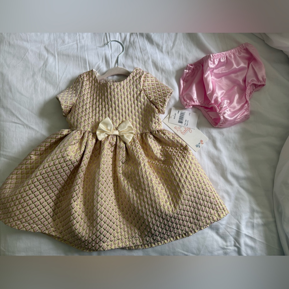 Gold Quilted Baby Dress with Pink Bloomers